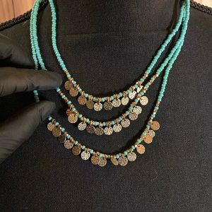 White Stuff 3-strand turquoise bead necklace w hammered discs